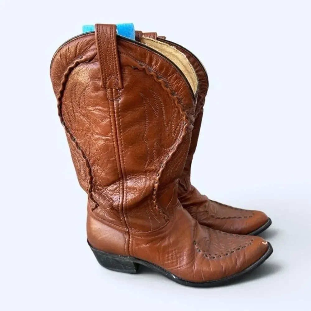 Vintage Western Cowboy Boots Men’s Size 12D Brown Leather Snip Toe Whip Stitched
